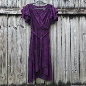 DKNY Purple Flutter Sleeve Midi Faux Wrap Dress Size 10 Burnout Floral